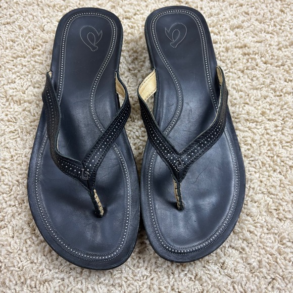 OluKai Ohana Flip Flops Black Leather Thong Sandals Women US W 11 EUR 41 - Picture 2 of 7